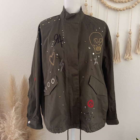 H&M Jackets & Blazers - H&M embroidered army jacket green studded embellished parka fall grunge vibes 6